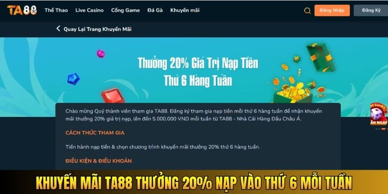 Khuyến mãi TA88 thưởng 20% nạp vào thứ 6 mỗi tuần